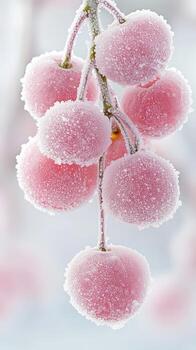 Bunch of pink berries. Frost covering berries on a thin stem. Light blue background. Macro image with selective focus on the rounded fruits. photo