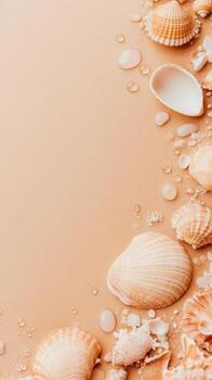 Seashells and Pebbles Border on Sand Background. Various Seashells, Small Rocks, and Water Droplets Laying on Beige Sandy Surface in Vertical Orientation. photo