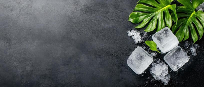 Ice cubes melting near green tropical leaves on dark textured surface. Cool refreshment concept. Abstract cold background with condensation and water droplets. photo