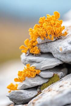 Bright yellow lichen growing on stacked gray rocks. Colorful natural texture detail. Mossy patch nestled between the stones. Soft blurred background. photo