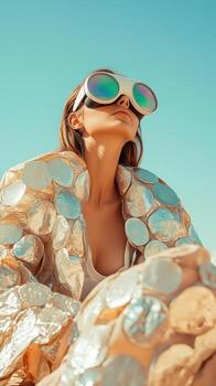 Person wearing advanced eyewear looks towards light. Jacket with silver reflective discs for a Futuristic Fashion statement. Style and visual concept. photo