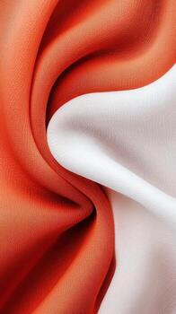 Orange and White Fabric Waves Gently. Flowing Material Texture. Abstract Cloth Fashion Concept. Futuristic Elegant Style Design Background. photo