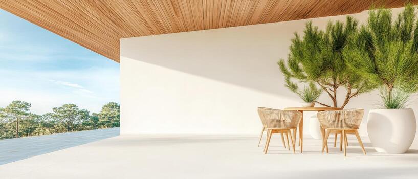 Bright patio area with trees in pots and woven chairs near a white wall with blue sky and distant trees in the background. photo