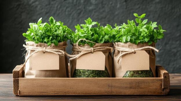 Green leafy plants in brown paper bags inside wooden container. Small blank labels attached. Simple, rustic presentation with dark background on textured surface. photo