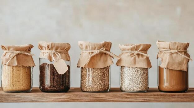 Five glass jars sit on a wooden shelf. Each jar contains different seeds. The tops have burlap with string bows. photo