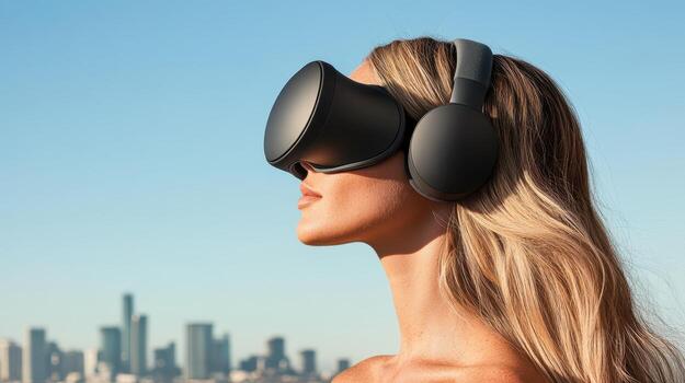 Woman wears wireless headset against city buildings and blue sky. Exploring networks using new wireless technology. Fast networks experience. photo