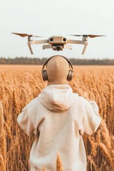 Person wearing headphones near wheat field. Flying device above. Concept for modern technology and connectivity. Future generation networks. 5G networks photo