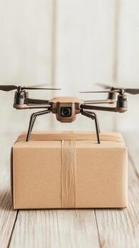 Drone carries a brown cardboard box. The object lies on a wooden surface. Symbol of future technology for network solutions. photo