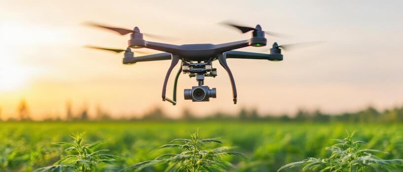 Unmanned aerial vehicle flies above green field. Sunlight shines during golden hour. Drone surveys vast area connecting through networks. Future communication technology using 5G photo