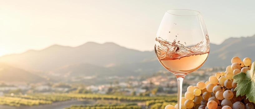 Elegant tall glass of refreshing beverage with liquid splashing. Grape cluster sits beside with valley and hills in background. Craft beverage photo