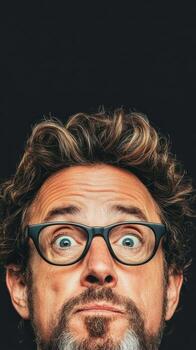 Face with glasses looks upward during cryptocurrency trading with wide open eyes against a plain dark background photo