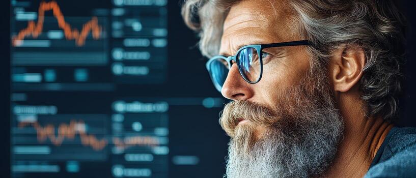 Man looking at screen. Display shows charts and data. Concept for cryptocurrency trading and market analysis. photo