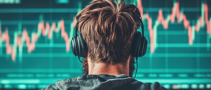Person with Headphones Watches Cryptocurrency Trading Graph. Monitor displays line chart depicting market fluctuations. Visual finance analytics. photo