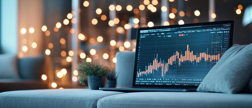 Digital cryptocurrency display with chart data on a laptop for trading investment with glowing lights in background finance photo