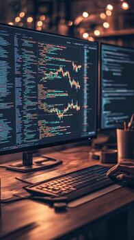Dual monitors displaying cryptocurrency charts code. Hand uses keyboard on a desk. Lights illuminate background. Focus on trading. photo