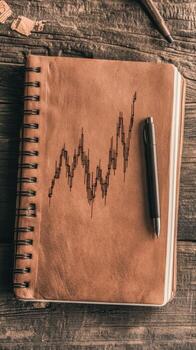 Notebook displays cryptocurrency trading chart. Rising market data is visible. Pen rests upon page. Old wooden surface provides background. photo