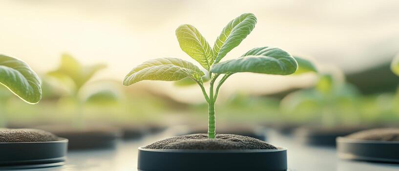 Small green plant sprouts emerge from soil. Cultivation inside. City farm project concept. Vegetable growth. Farming in urban spaces. photo
