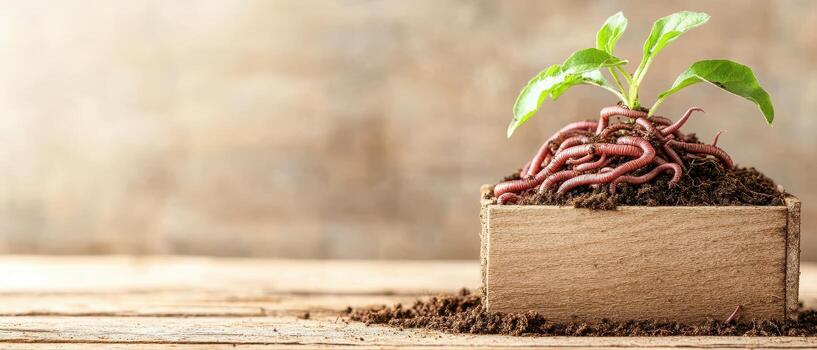 Seedling grows in brown box with soil and earthworms on wooden surface. Concept of urban farming. photo