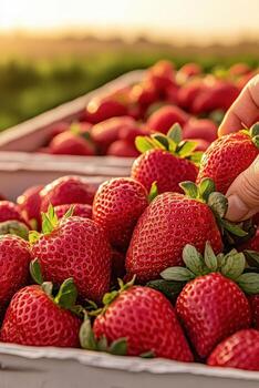 Ripe red strawberries fill a container. A hand selects a strawberry from many in a field at dawn. Farming. photo