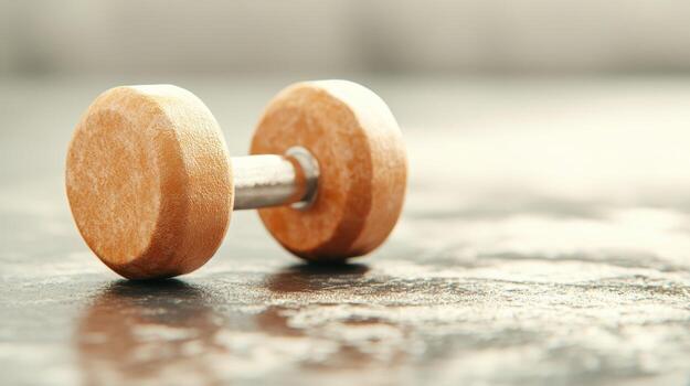 Single dumbbell rests on a textured surface. Fitness weight. Health exercise. Body building equipment. Training tool. Physical activity object. photo