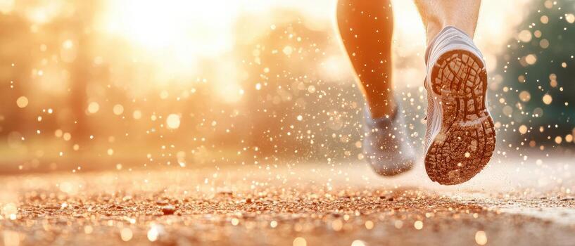 Athlete moves forward. Legs and feet make running motion on ground. Golden light background. Particles float around shoes during fitness exercise. Health photo