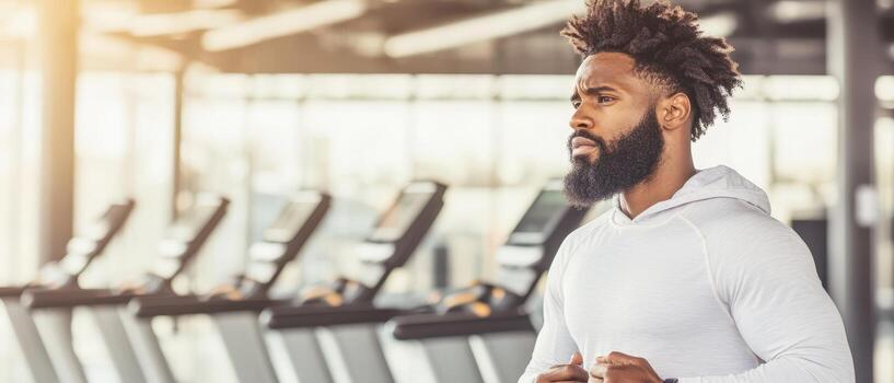 Man Runs on Treadmill at Bright Gym for Health and Fitness. Cardio Workout for Physical Activity with Modern Equipment in Background. photo