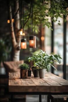 Potted plants sit on a wooden table below hanging lights with blurred tree branches in the background inside a cafe setting photo
