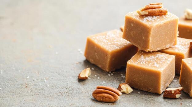 Pile of tan square sweets topped with pecan halves and sugar crystals on a gray textured surface, gluten free and low carb photo