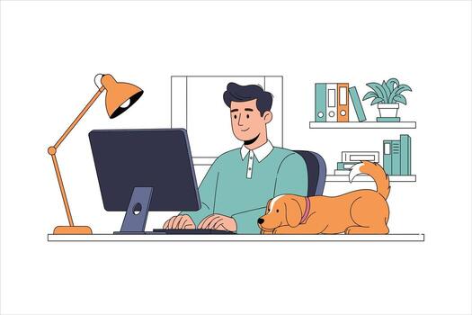hombre trabajando en computadora a escritorio con perro remoto oficina vector
