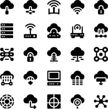 Collection of cloud computing and network technology icons representing data storage and connectivity vector
