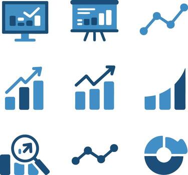 Collection of blue icons representing data analysis financial growth and business performance vector