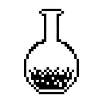 píxel Arte vaso laboratorio matraz con burbujeante líquido retro 8 poco Ciencias símbolo, química experimento, digital icono vector