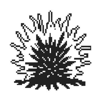 Pixel explosion burst in black and white abstract retro digital art with dynamic spikes, energy blast, minimal vector