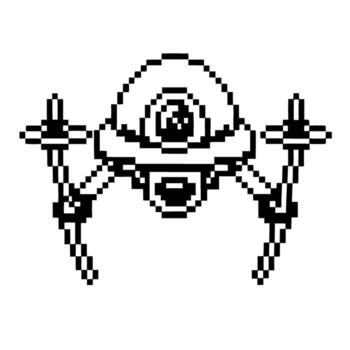 píxel Arte futurista zumbido con mecánico brazos, volador vigilancia robot con soltero ojo y retro digital diseño vector