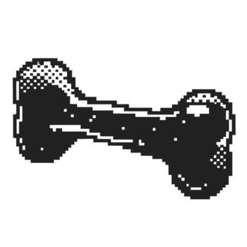 Pixelated dog bone icon, retro black and white 8 bit style, isolated symbol for pet, game assets, simple element vector