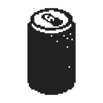 Pixel art soda can illustration, black and white retro beverage design, simple drink icon with pop tab, minimalistic vector