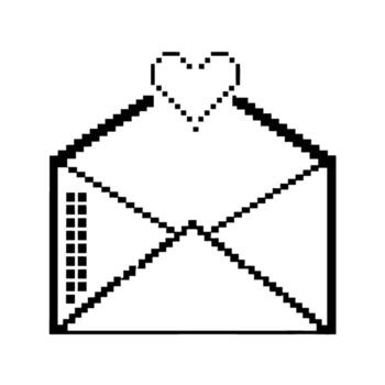 Open envelope icon with heart symbol above pixel art style, black and white mail illustration, digital romantic message vector