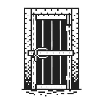 Retro pixel wooden door illustration with metal lock and frame monochrome 8 bit vintage game asset object vector