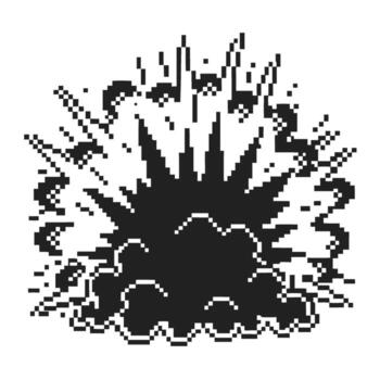 Pixel explosion silhouette with black comic blast, retro game effect, digital cloud burst, dynamic energy impact vector