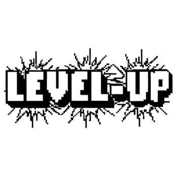 Pixel art level up sign with comic explosion effect retro gaming style, black and white, 8 bit arcade upgrade message vector