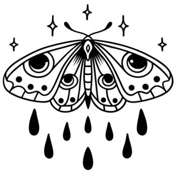 místico polilla con decorativo patrones y Lágrimas, negro y blanco contorno insecto con mágico espumoso estrellas vector
