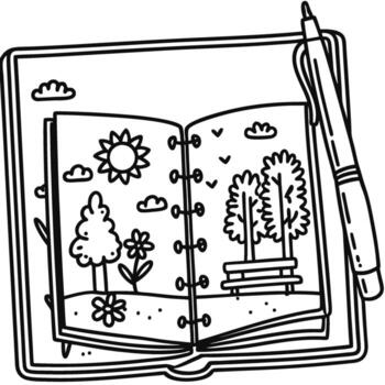 abierto bloc de dibujo con bolígrafo, dibujo de parque escena incluso árboles, sol, flores, banco, y nubes en blanco paginas vector