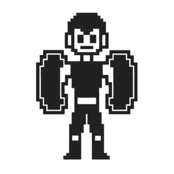 Retro pixelated robot character with large arms black and white 8 bit digital artwork, game sprite nostalgia vector