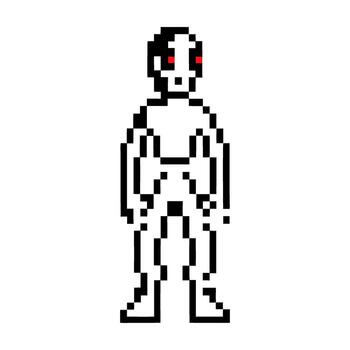 Pixel art humanoid robot with red glowing eyes, minimalist retro character isolated on white background vector