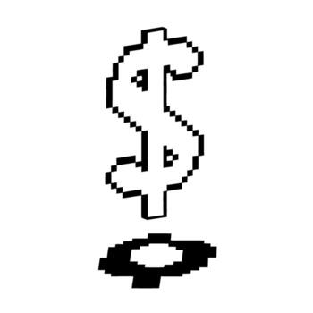 Pixelated dollar symbol isolated on white background retro 8 bit financial icon for digital money, finance, cryptocurrency, blockchain vector