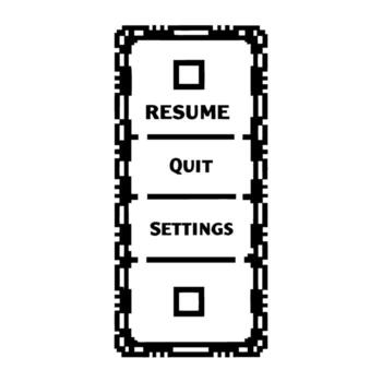 retro píxel Arte pausa menú interfaz, sencillo negro y blanco pantalla con reanudar, abandonar, y ajustes opciones para clásico juegos vector