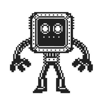 retro píxel robot personaje con cuadrado cabeza y mecánico brazos clásico monocromo 8 poco digital mascota en Clásico vector