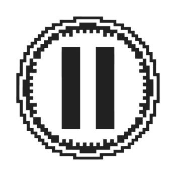 Pixel art pause icon in black and white, retro gaming control symbol, circular geometric button for interface or application vector