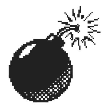Pixel bomb icon with lit fuse retro digital explosion symbol, classic 8 bit game danger, pixelated warning sign vector