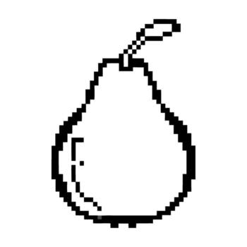 Single pixel pear outline with stem, minimal black line art retro 8 bit digital fruit icon, simple graphic illustration vector